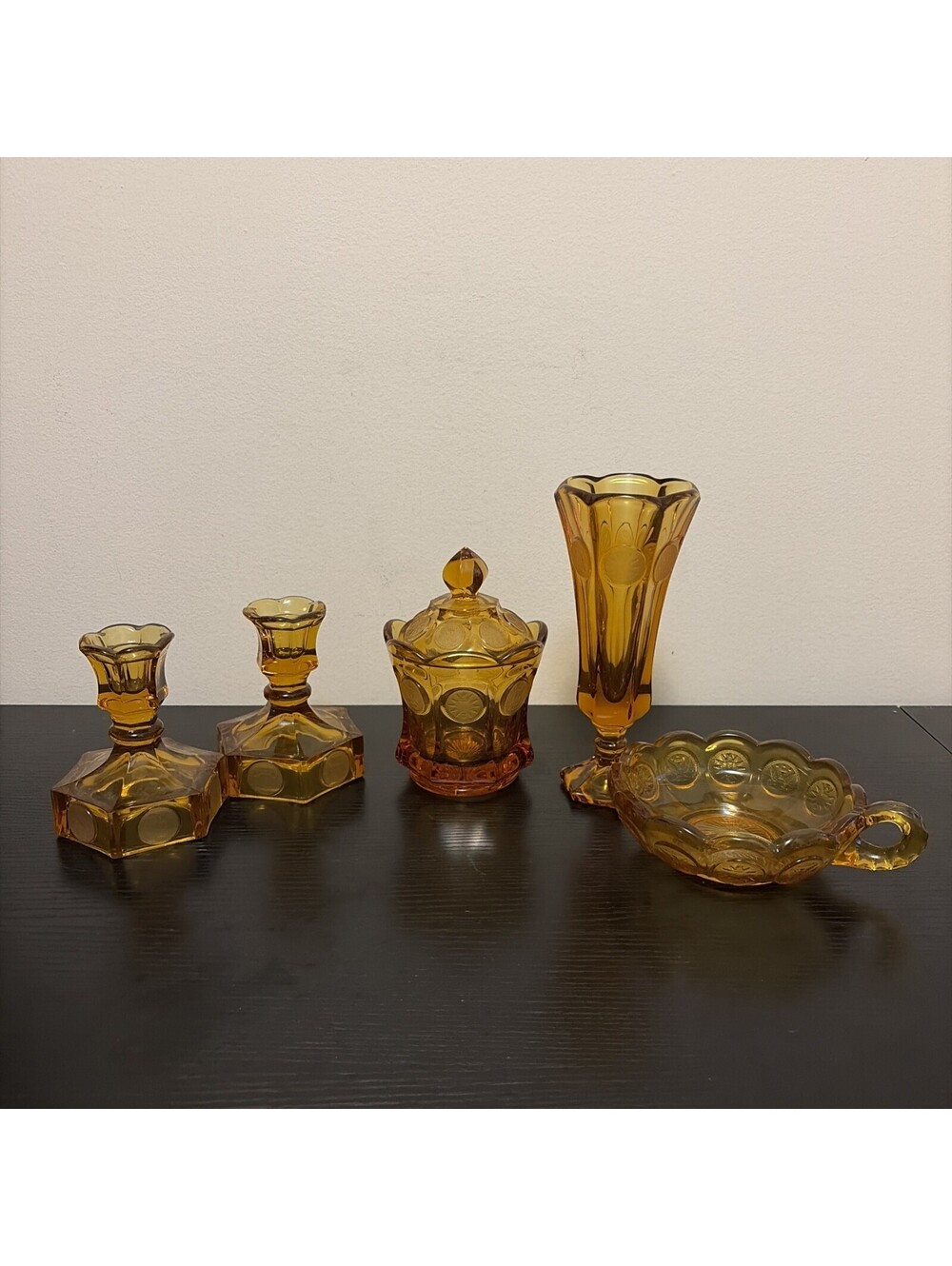 Fostoria Coin Glass Glassware 5 Piece Set Amber Vase Candy Dishes Candle Holders